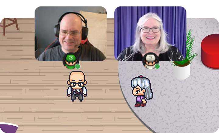 An image showing two people chatting in Gather, and how they can see each other when their avatars are close to each other.