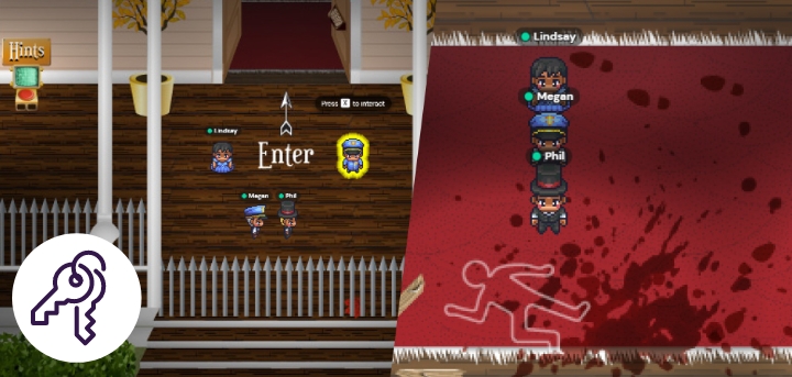 A splitscreen of escape room situations, with a key icon overlaid.