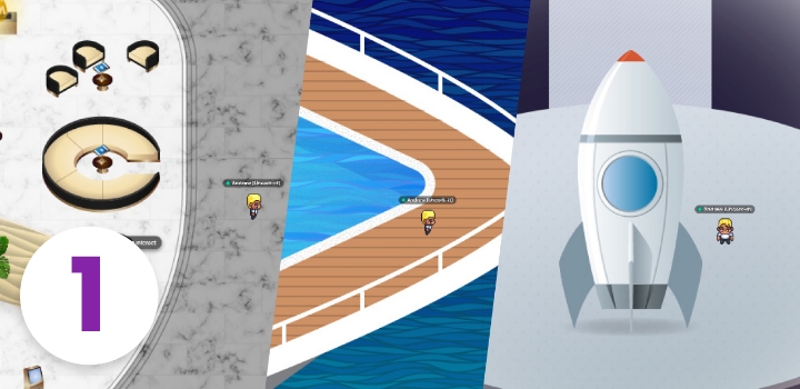 A three-panel view of a hotel, a yacht, and a spaceship, with a 1 overlaid.